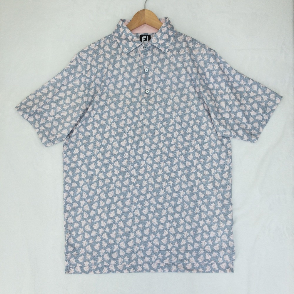 FootJoy Polo Mens Medium Blue Pink Leaf Print Short Sleeve Golf Shirt